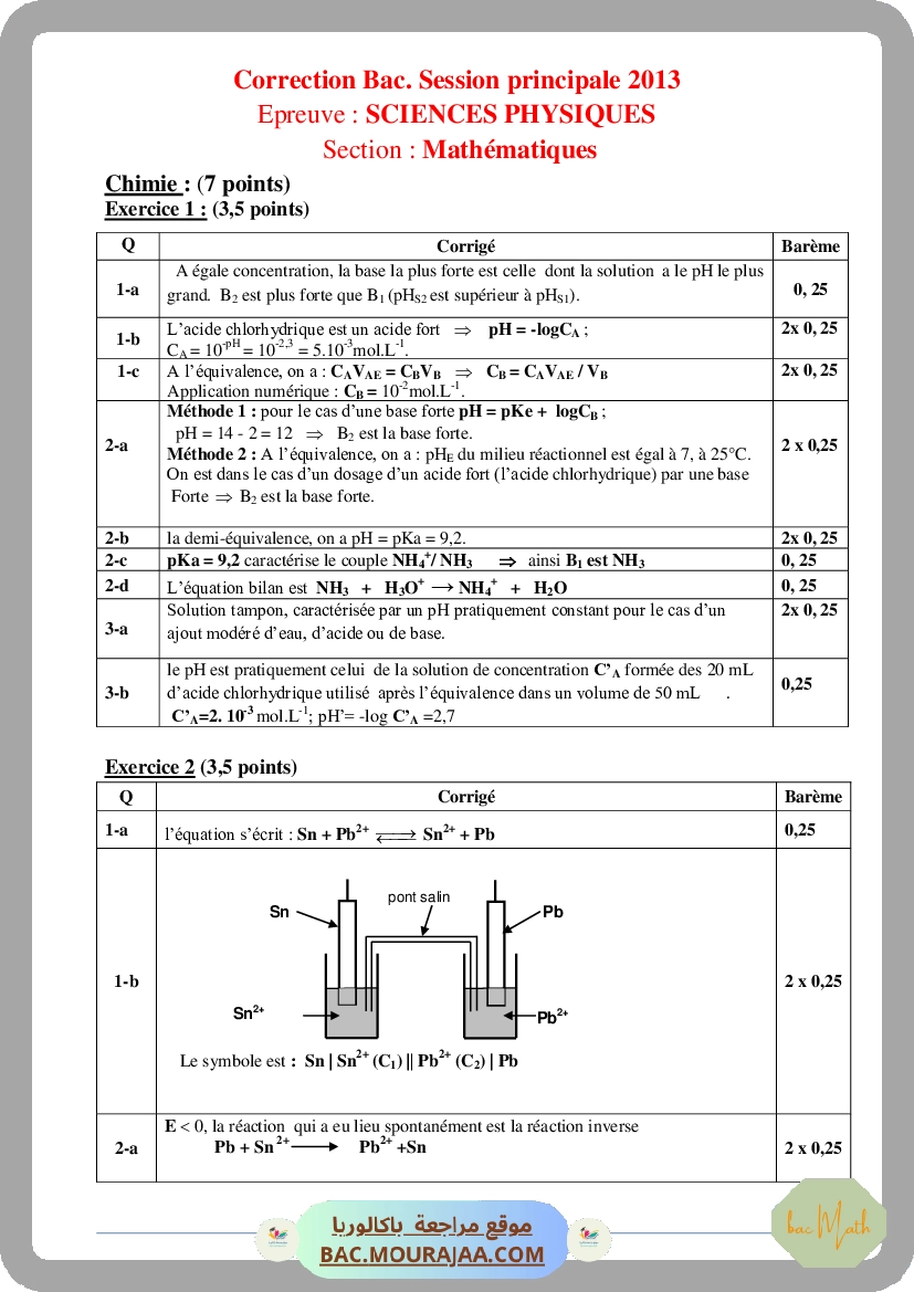Corrigé principale physique Bac 2013 – Section math